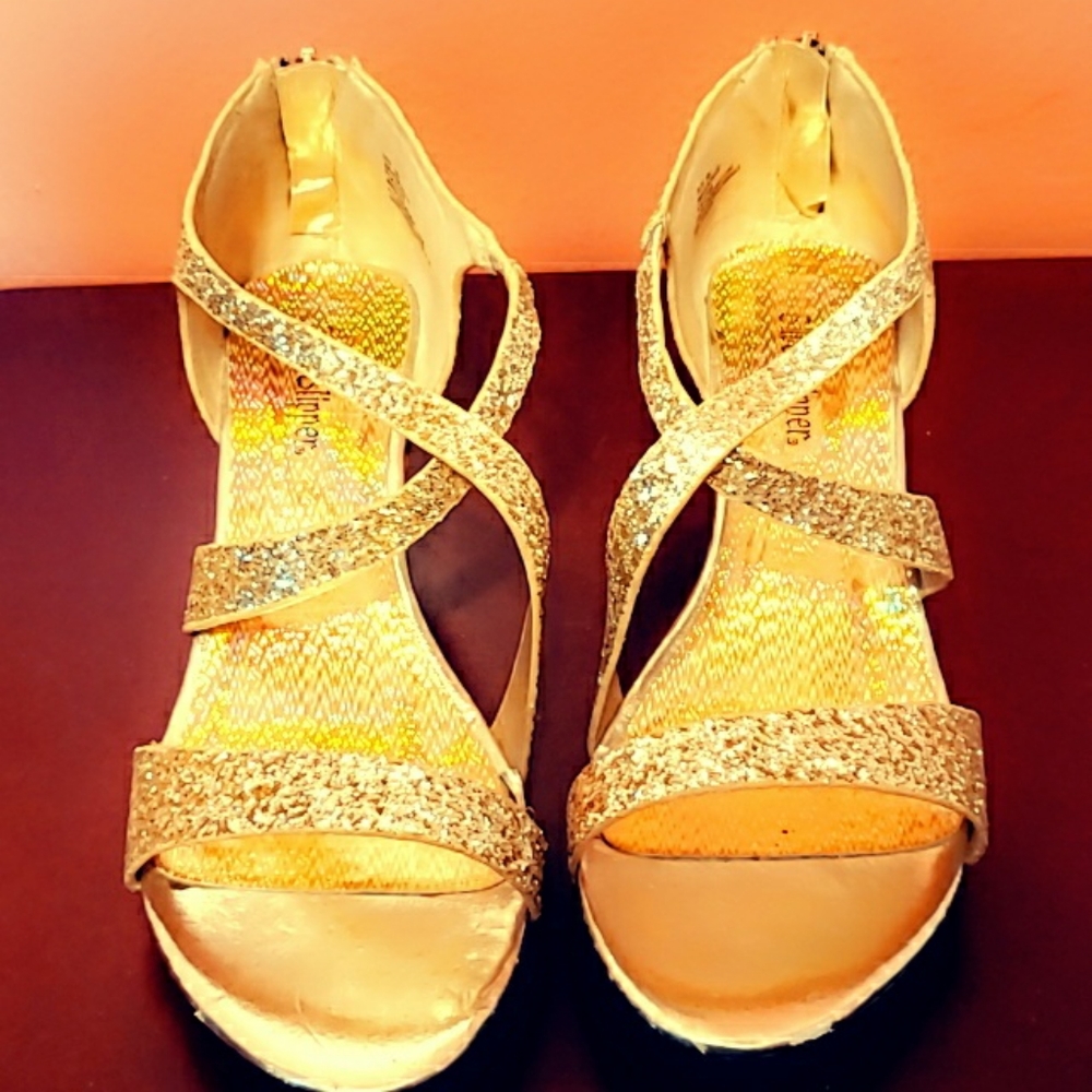 Gold open toe heels